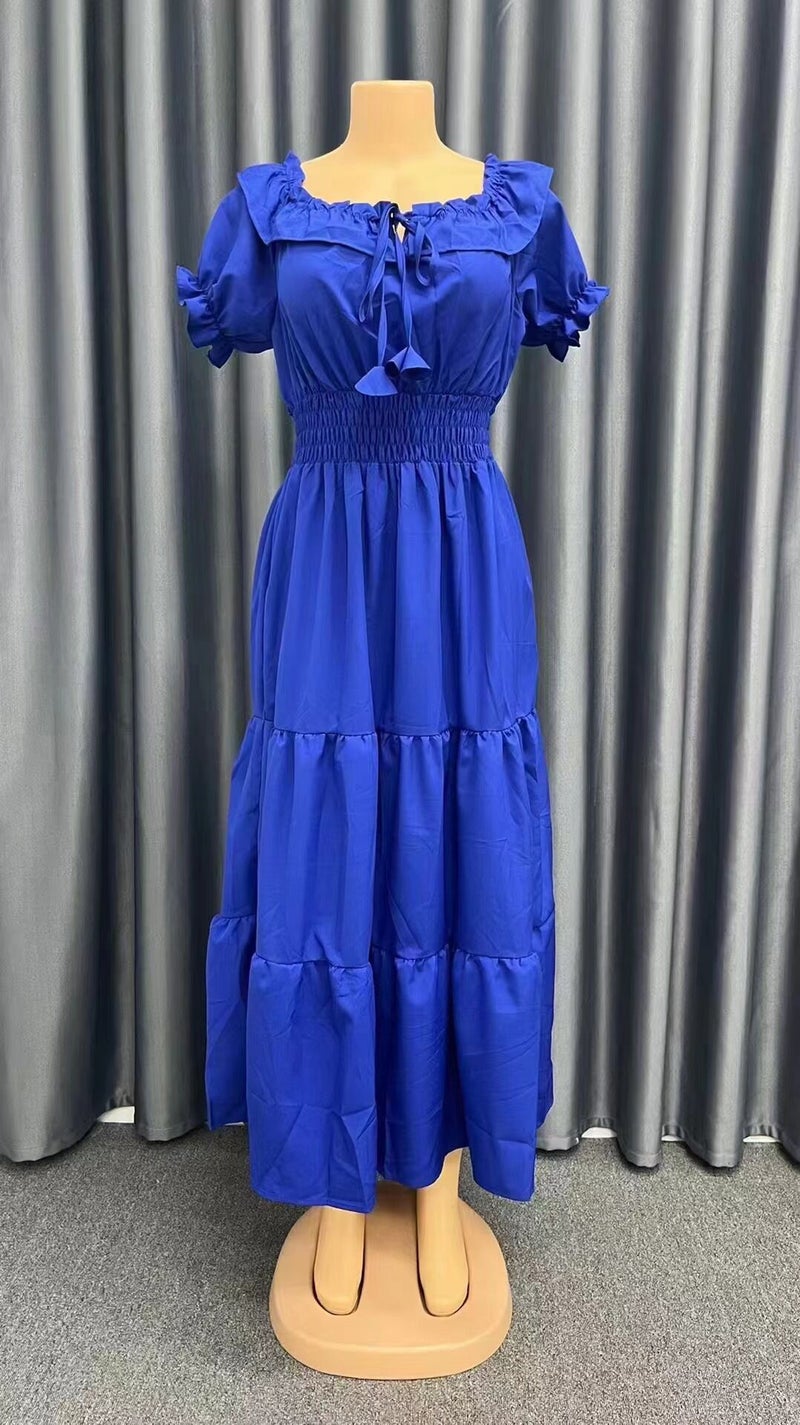 2024 new European and American cross-foreign fashion Lotus lace-up leaf tube top puff sleeve large swing dress Blue - Image 1