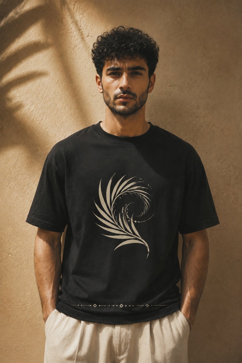 Men's Black Abstract Feather Print T-Shirt Casual Short Sleeve Crew Neck Streetwear Tee - Image 2