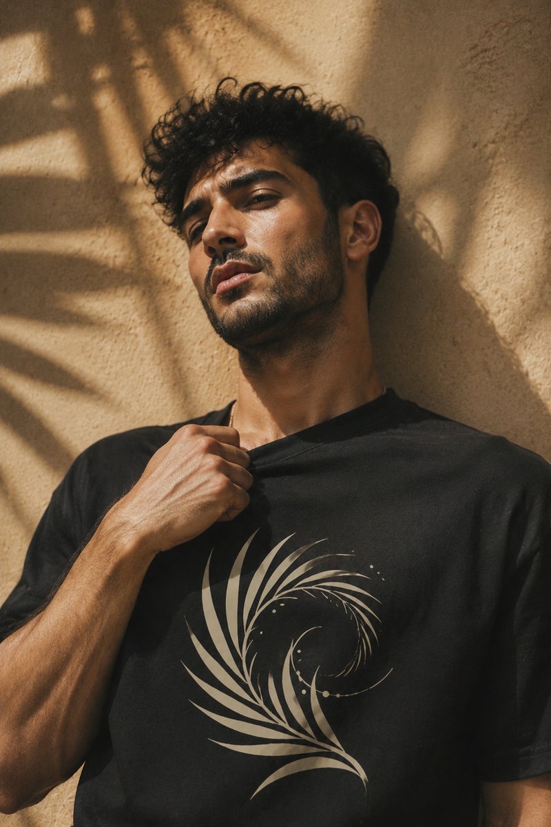 Men's Black Abstract Feather Print T-Shirt Casual Short Sleeve Crew Neck Streetwear Tee - Image 5
