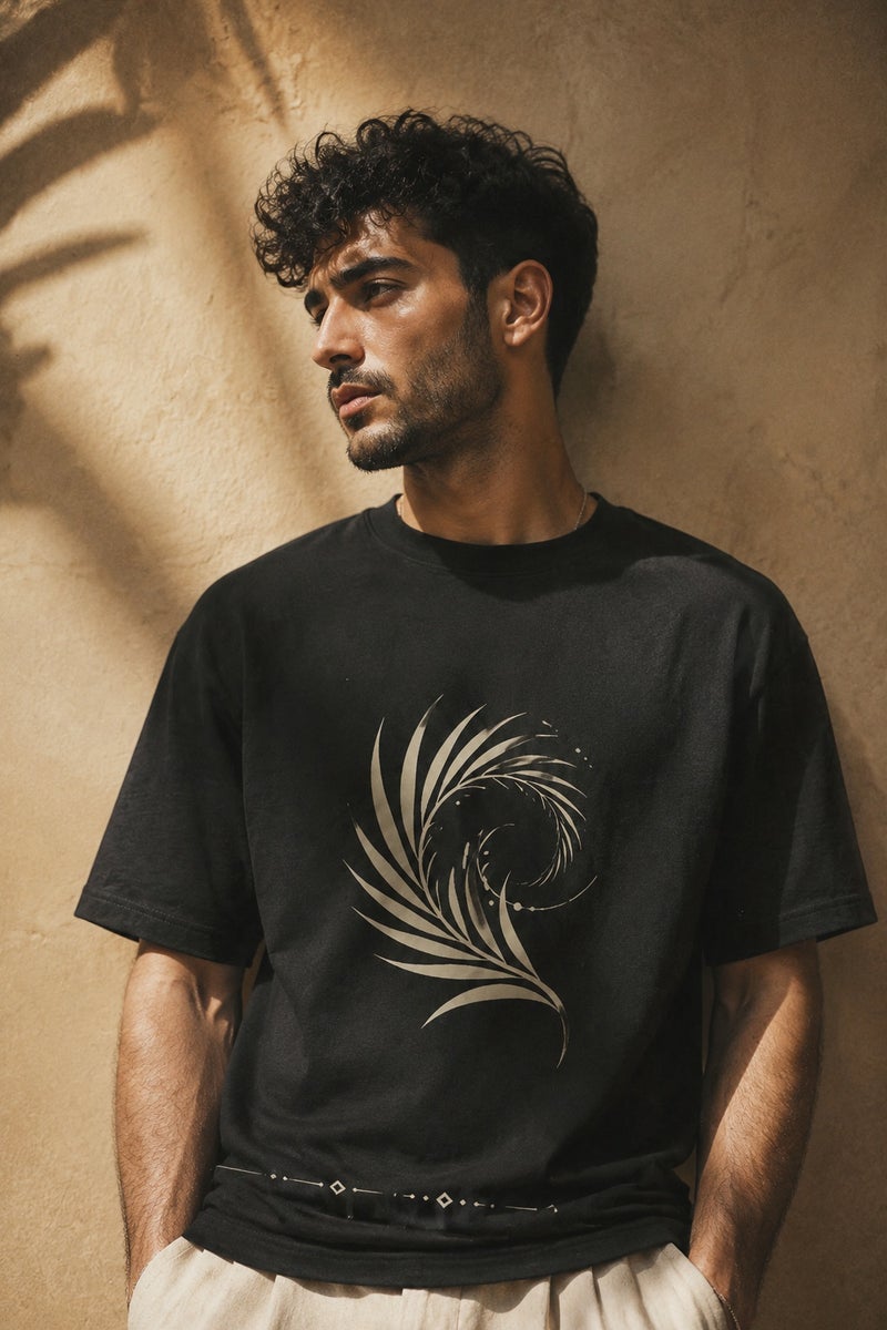 Men's Black Abstract Feather Print T-Shirt Casual Short Sleeve Crew Neck Streetwear Tee - Image 1
