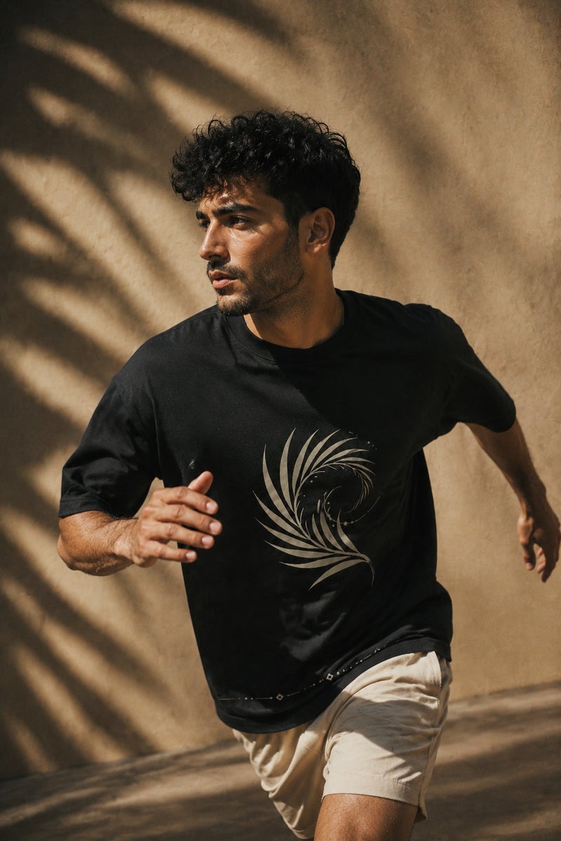Men's Black Abstract Feather Print T-Shirt Casual Short Sleeve Crew Neck Streetwear Tee - Image 3