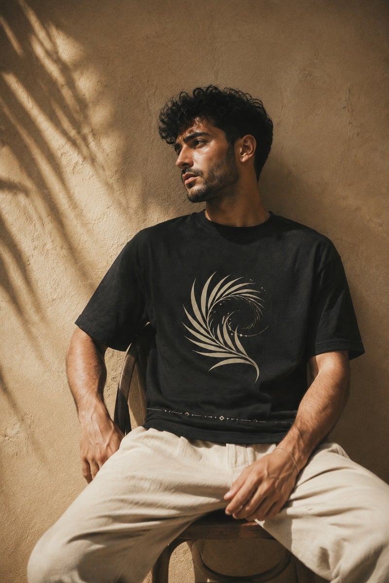 Men's Black Abstract Feather Print T-Shirt Casual Short Sleeve Crew Neck Streetwear Tee - Image 4
