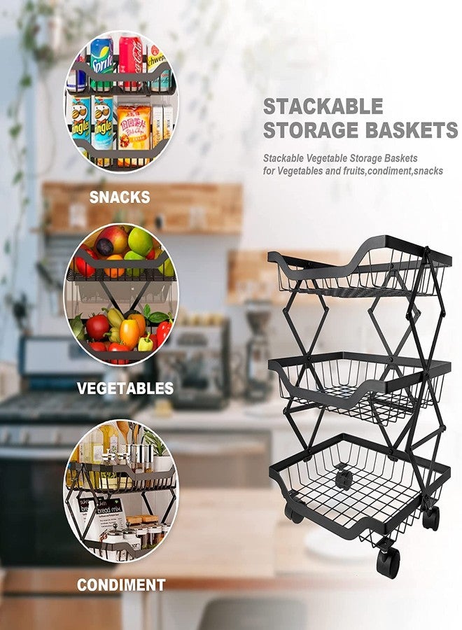 Dhavl 3 Tier Kitchen Rotating Collapsible Trolley Portable Storage Rack Basket with Wheels Metal Stretch Design Fruits & Vegetable,Cutlery, Spice jar Container Organizer for Kitchen-Black - Image 4