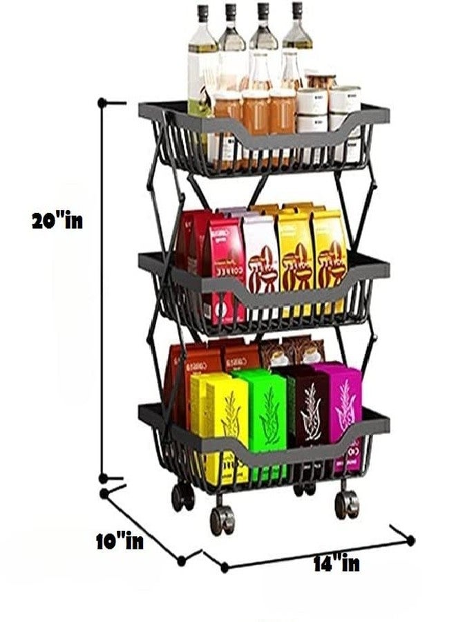 Dhavl 3 Tier Kitchen Rotating Collapsible Trolley Portable Storage Rack Basket with Wheels Metal Stretch Design Fruits & Vegetable,Cutlery, Spice jar Container Organizer for Kitchen-Black - Image 2