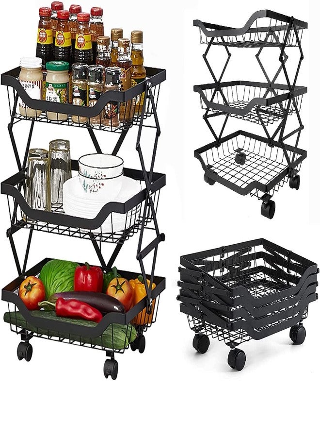 Dhavl 3 Tier Kitchen Rotating Collapsible Trolley Portable Storage Rack Basket with Wheels Metal Stretch Design Fruits & Vegetable,Cutlery, Spice jar Container Organizer for Kitchen-Black - Image 1