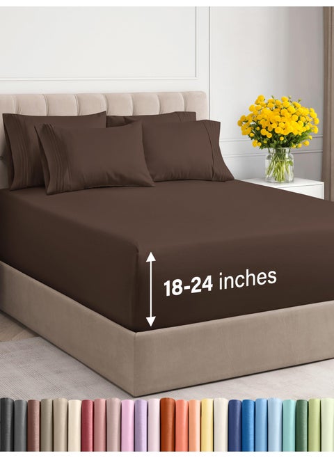 Extra Deep King Sheet Set  6 Piece Breathable  Cooling Sheets  Hotel Luxury Bedding Set w1824 Inch Extra Deep Pockets  Easy  Secure Fit  Super Soft Wrinkle Free and Comfy  Brown King Size