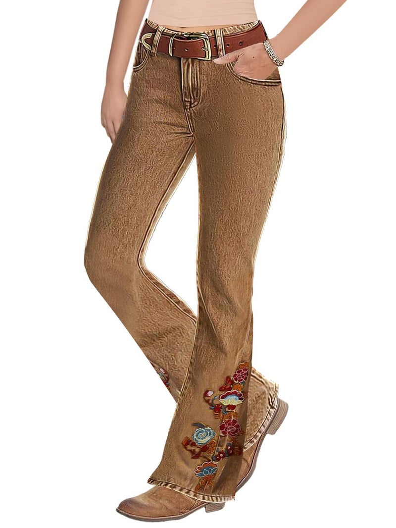 Flamingals Women's Floral Embroidery Mid Waist High Stretch Bootcut Jeans with Pockets Khaki 2XL - Image 1