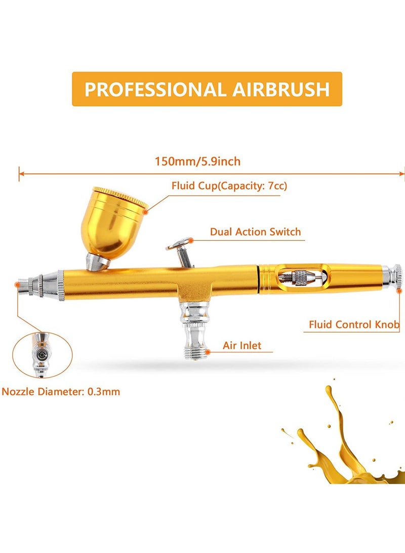 Airbrush Kit，0.3mm Gravity Feed Gun Air Compressor Brush Spray Dropper，Protable Sandblasting Tools， for Art Paint Nail Beauty Makeup Painting Cake Decoration Yellow  - Image 2