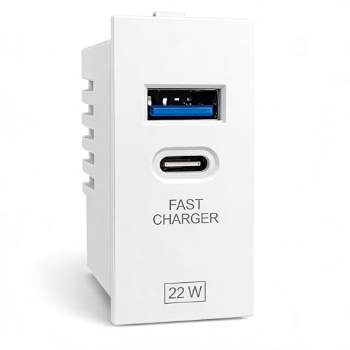 Hosper 22W Fast Charging Wall Charger | Dual Port USB Type C Adapter Modular Socket | Power Socket with USB for Modular Switch Board & Wall Socket – White - Image 1