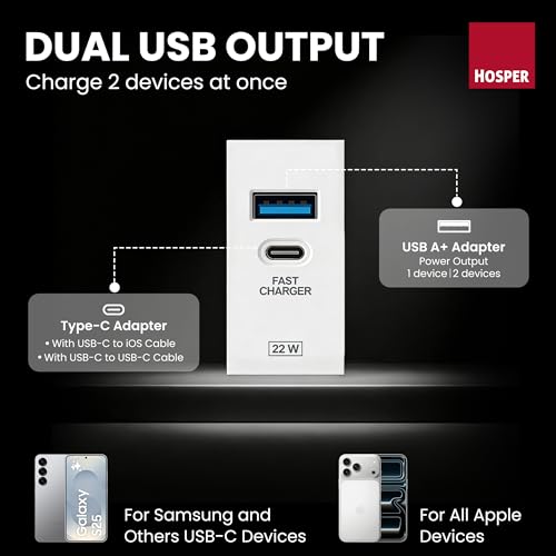 Hosper 22W Fast Charging Wall Charger | Dual Port USB Type C Adapter Modular Socket | Power Socket with USB for Modular Switch Board & Wall Socket – White - Image 2