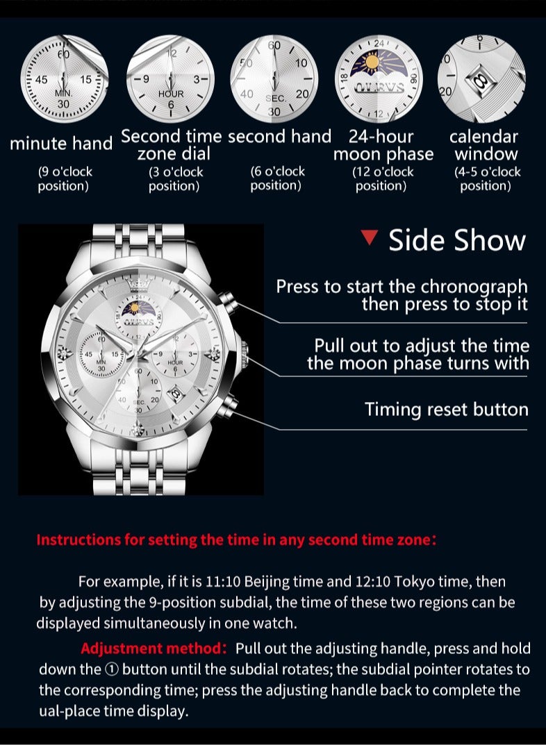 OLEVS High-End Luxurious Men's Watch Waterproof Multifunctional Stainless Steel Strap Durable Anti-Slip Coated Glass Stylish Luminous Timepiece  - Image 2