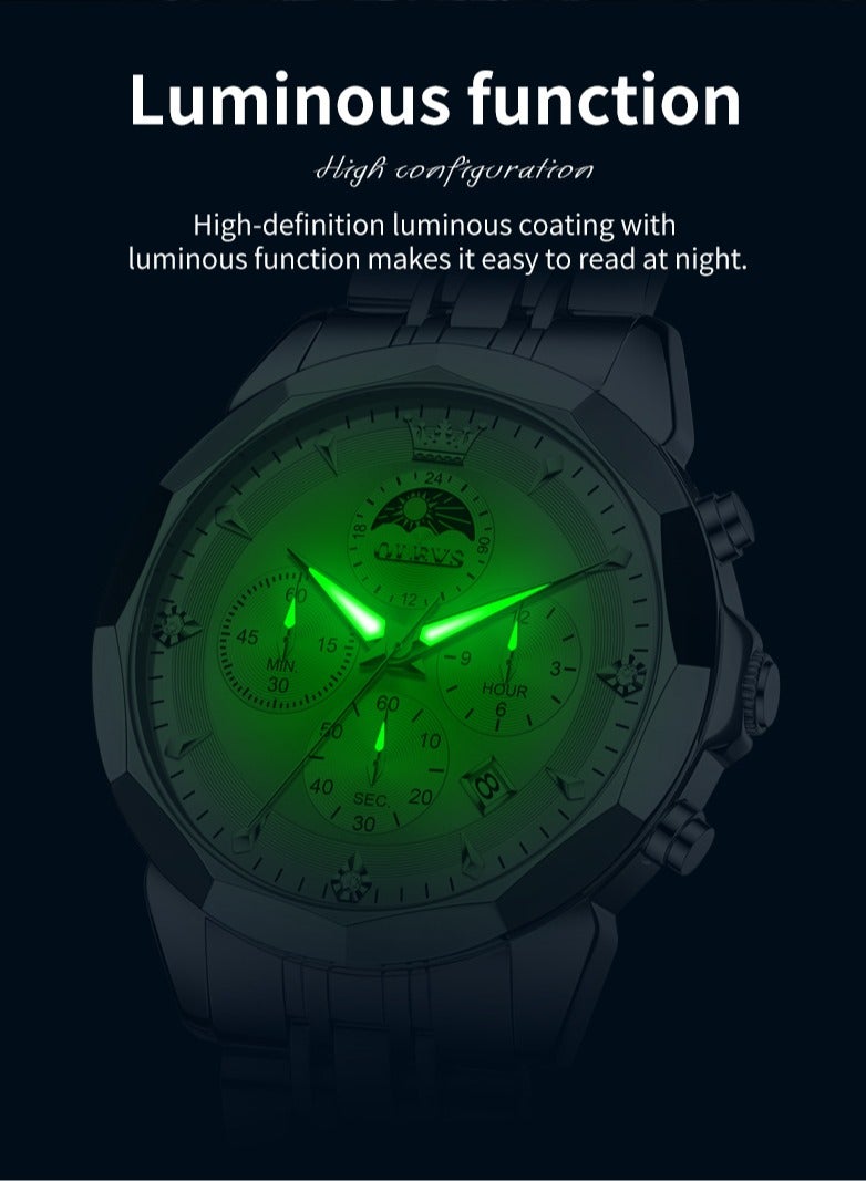 OLEVS High-End Luxurious Men's Watch Waterproof Multifunctional Stainless Steel Strap Durable Anti-Slip Coated Glass Stylish Luminous Timepiece  - Image 4