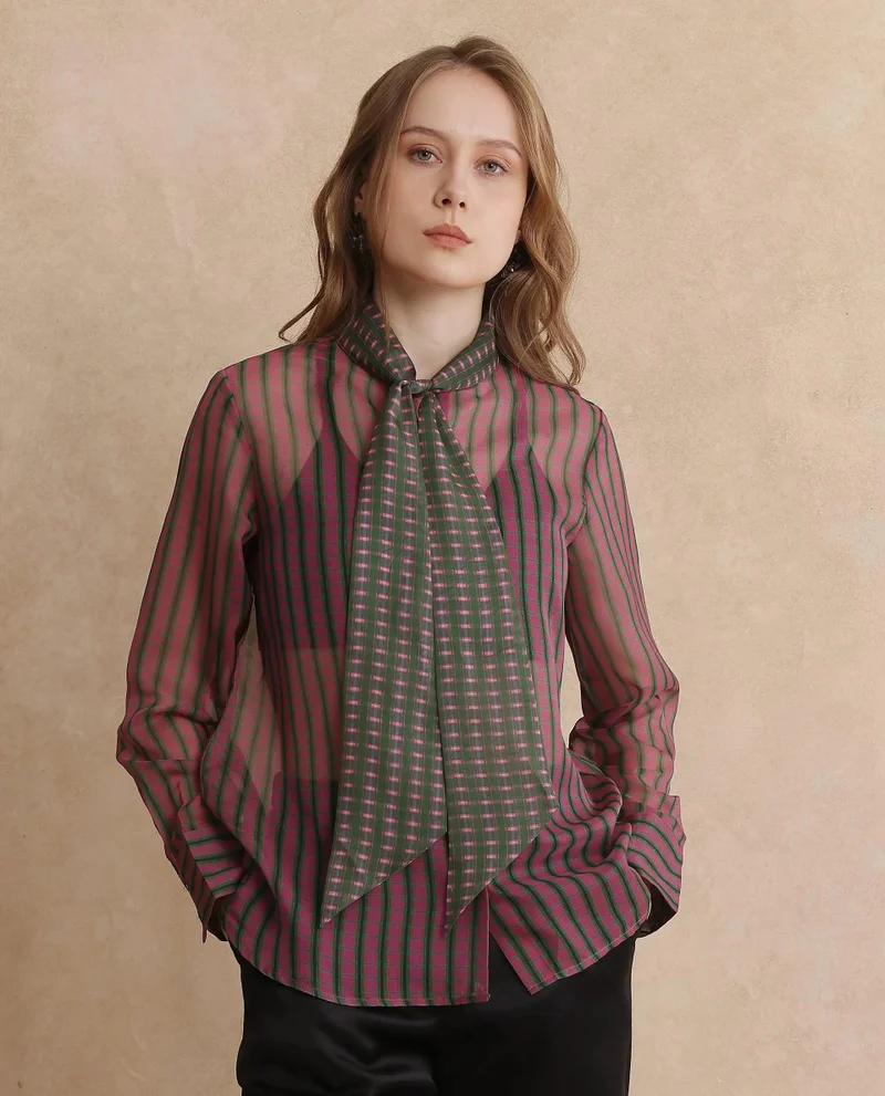 Rareism Women's Volume Sleeve Flannel Print Top