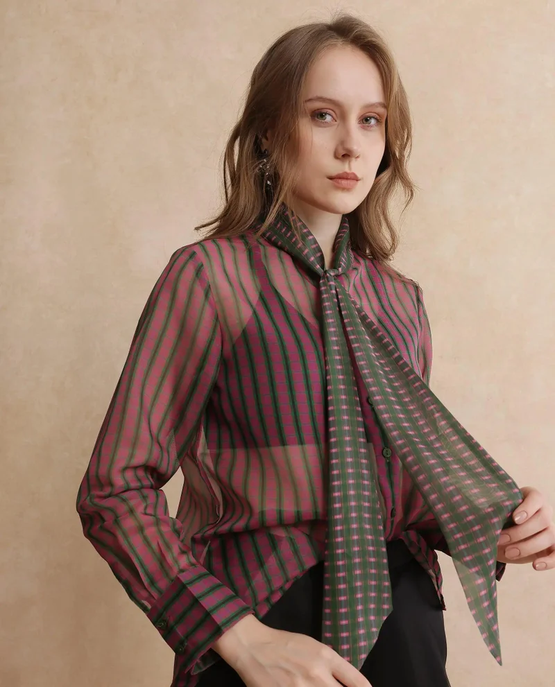 Rareism Women's Volume Sleeve Flannel Print Top