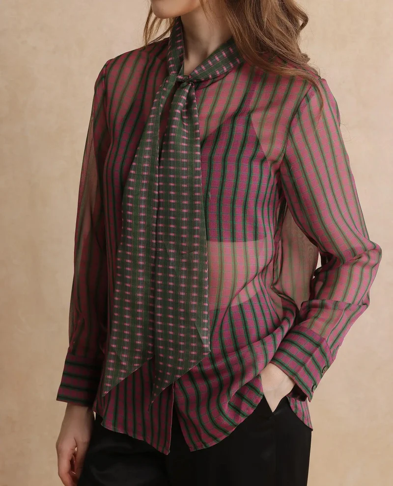 Rareism Women's Volume Sleeve Flannel Print Top