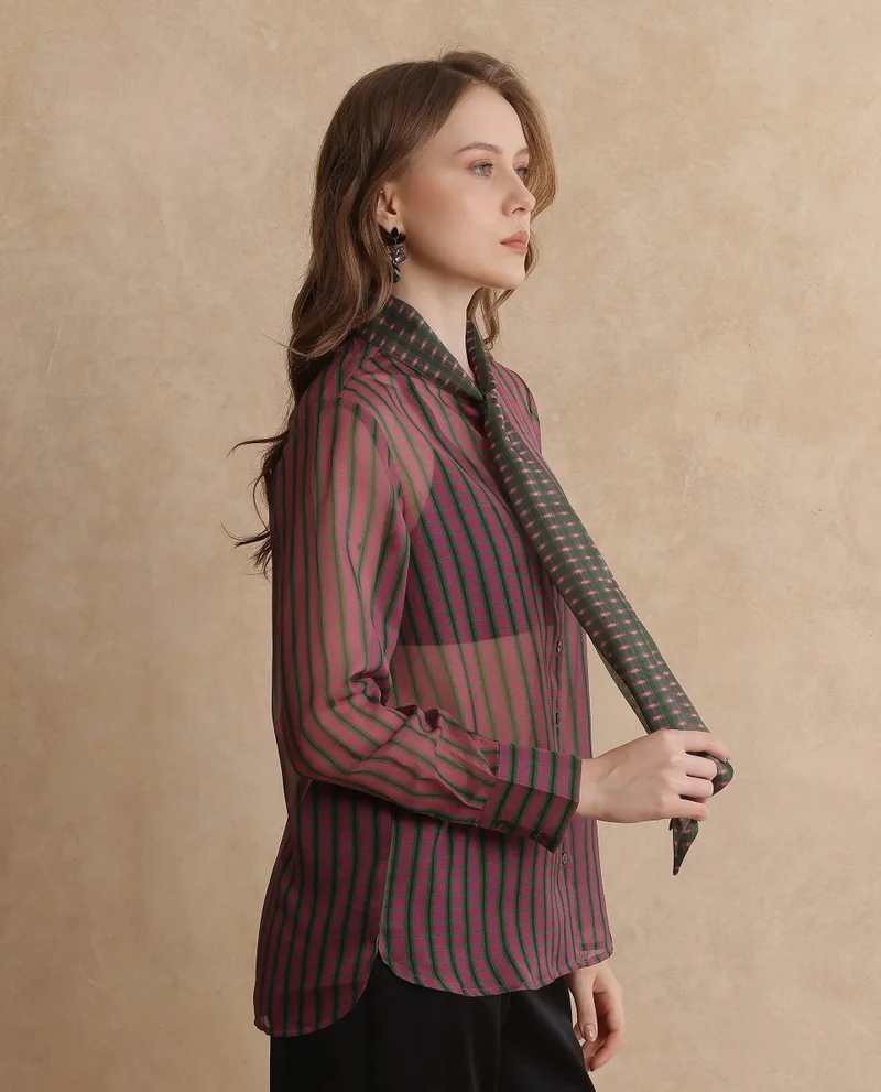 Rareism Women's Volume Sleeve Flannel Print Top