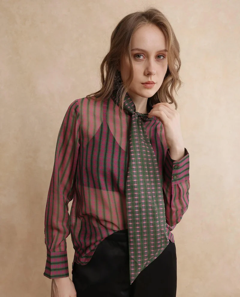Rareism Women's Volume Sleeve Flannel Print Top