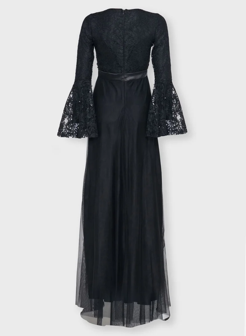 Khizana Lace Top Mesh Overlay Maxi Dress