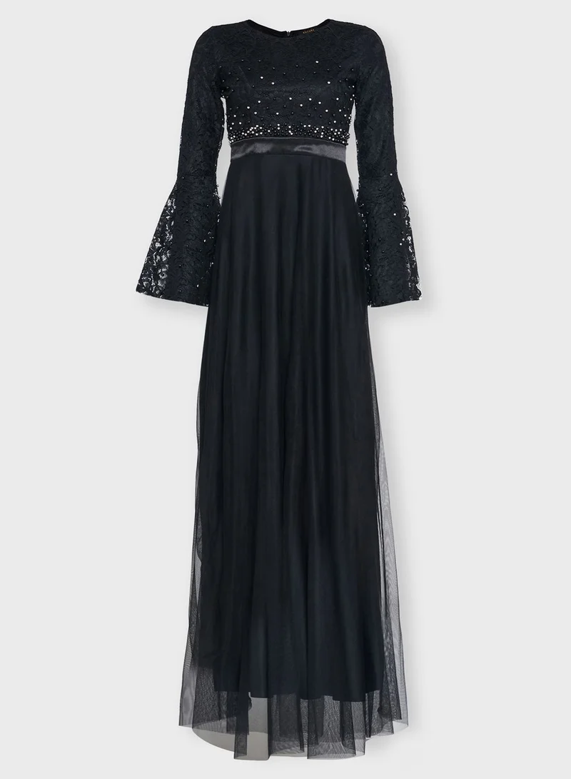 Khizana Lace Top Mesh Overlay Maxi Dress