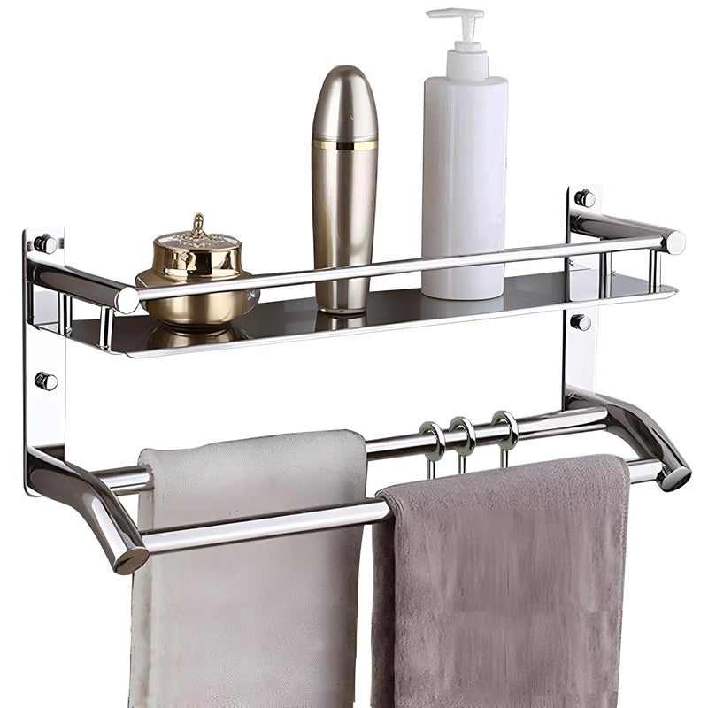 Pivalo Stainless Steel Towel Holder Double Layer Chrome Finish Stand Multipurpose Hanger Wall Mount Bath Kitchen Bathroom Accessories Rack Shelf Organizer Silver Set of 1 - Image 1