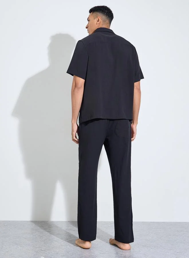 Styli  Charcoal Solid Pocket Detail Shirt and Straight Leg Pants Pyjama Set for Men | Best Price UAE