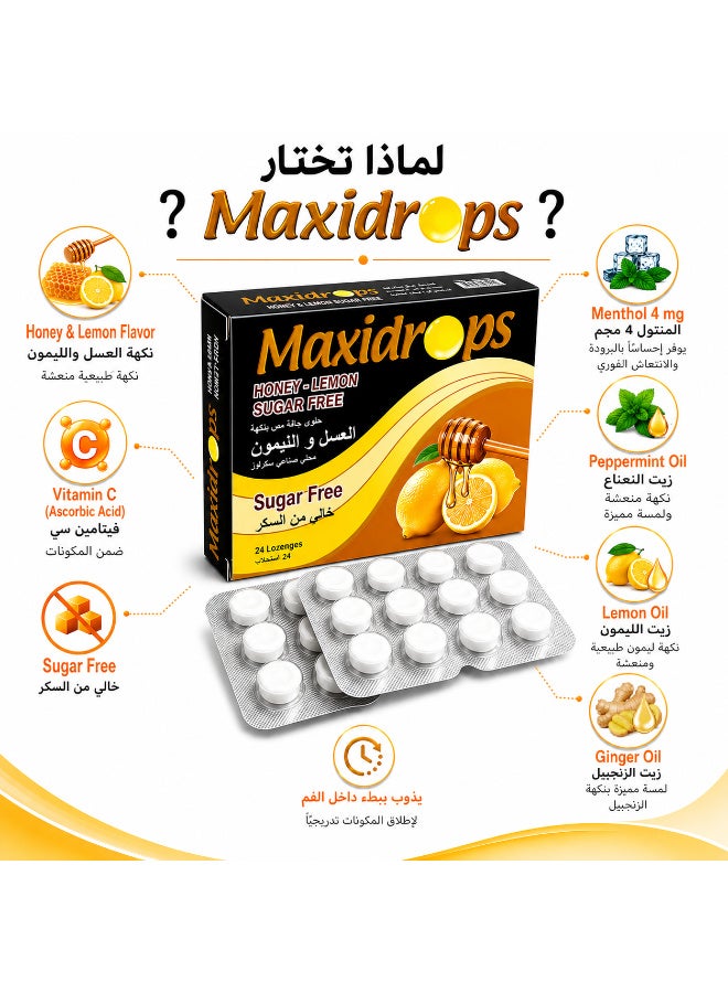 Maxidrops Honey & Lemon Lozenges – Sugar Free – Vitamin C, Menthol, Peppermint Oil, Lemon Oil & Ginger Oil – 24 Lozenges - Image 2