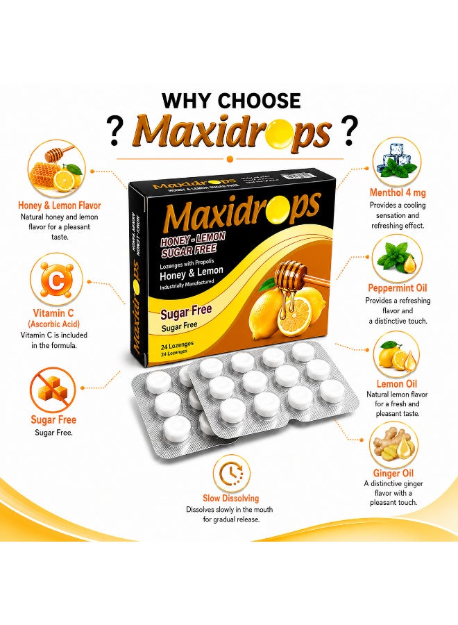 Maxidrops Honey & Lemon Lozenges – Sugar Free – Vitamin C, Menthol, Peppermint Oil, Lemon Oil & Ginger Oil – 24 Lozenges - Image 3