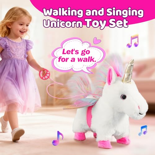 HCdoujoy White Unicorn Toys for Girls Toy Set Singing Walking Electronic Plush Unicorns with Control Leash Pretend Dress Up Animated Stuffed Unicorn Gift for KidsToddler Kids 3 4 5 6 Years - Image 5