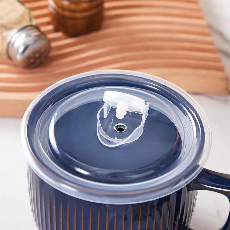 Hoilse Ceramic Soup Bowls with Handle and Vented Lid 32oz Large Wide Soup Mugs with handles Soup Cups for Ramen Pastas Salads Cereals Microwave and Dishwasher Safe set of 2 Vintage Blue - Image 2