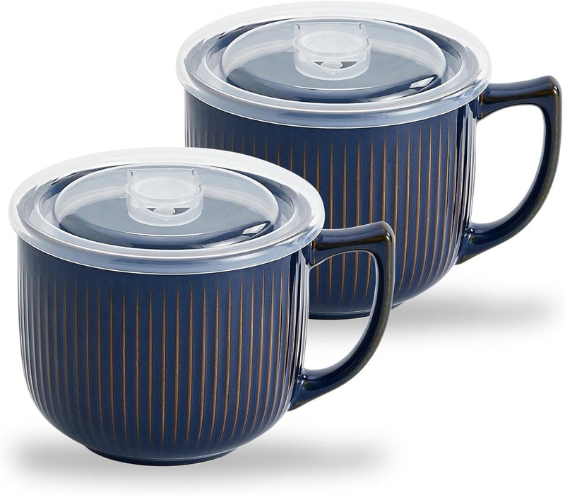Hoilse Ceramic Soup Bowls with Handle and Vented Lid 32oz Large Wide Soup Mugs with handles Soup Cups for Ramen Pastas Salads Cereals Microwave and Dishwasher Safe set of 2 Vintage Blue - Image 1