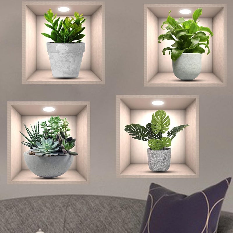 iMagitek 4 Pack 3D Green Plants Wall Stickers Botanical Plants Wall Decals for Bedroom Living Room Kitchen - Image 1