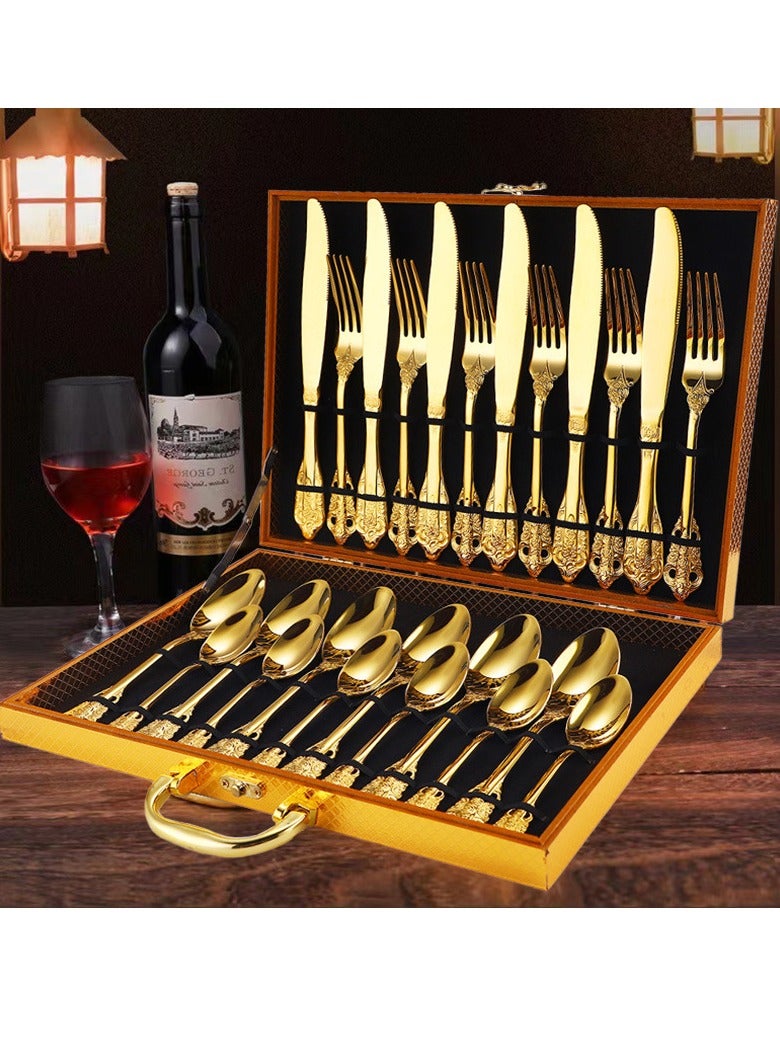 general Court knives, forks, spoons, stainless steel tableware set, retro relief gold gift wooden box, western knife and fork 24-piece set - Image 1