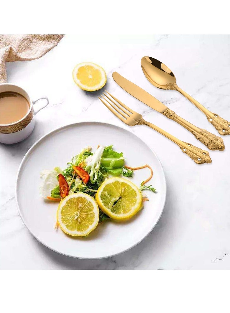 general Court knives, forks, spoons, stainless steel tableware set, retro relief gold gift wooden box, western knife and fork 24-piece set - Image 3