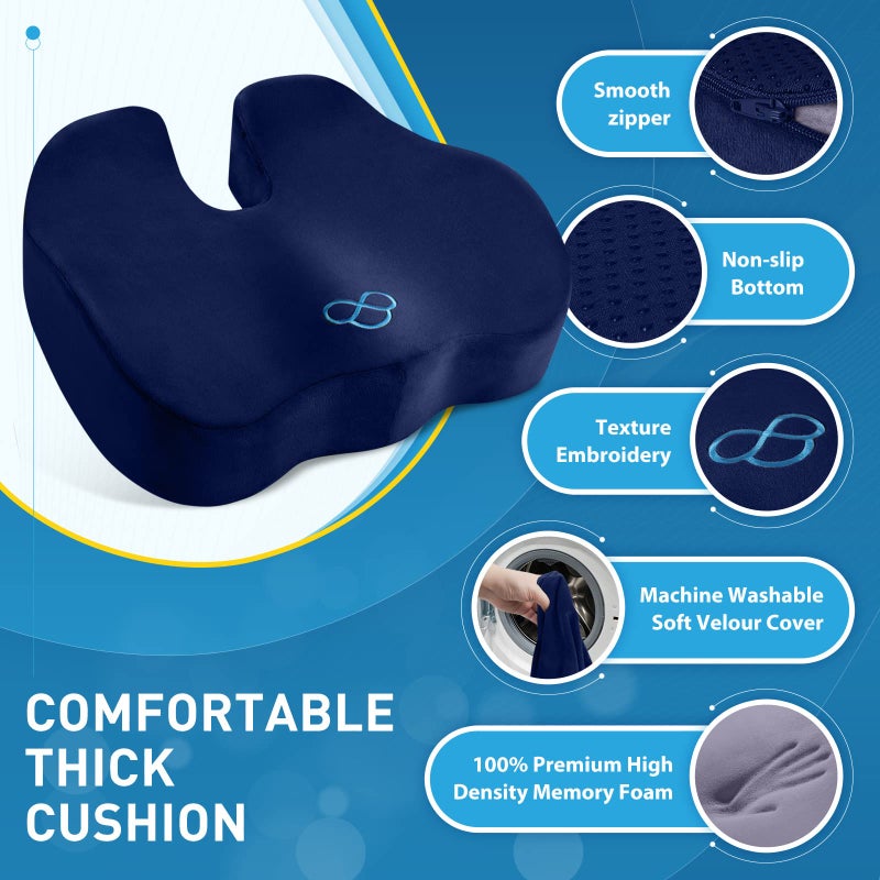 BlissTrends Seat Cushion,Thick Memory Foam Cushions for Office Chair, Car Seat, Airplane, Relieving Pressure Tailbone Sciatica Back Pain for Long Sitting Office Workers, Car Drivers 4.7in Thick Blue - Image 3