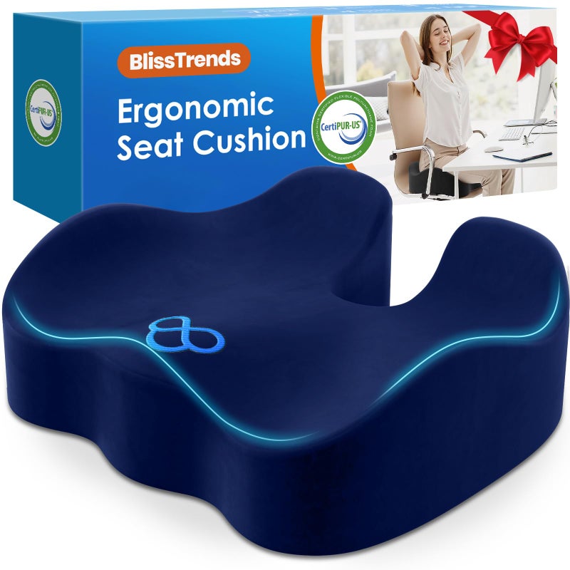 BlissTrends Seat Cushion,Thick Memory Foam Cushions for Office Chair, Car Seat, Airplane, Relieving Pressure Tailbone Sciatica Back Pain for Long Sitting Office Workers, Car Drivers 4.7in Thick Blue - Image 1