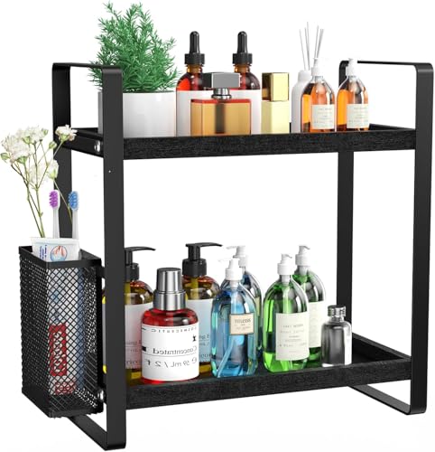 LEMIKKLE Bathroom Organizer Countertop, Counter Organizer for Bathroom Decor, Wooden Sink Shelf for Vanity Storage, Makeup Tray for Perfume Skincare Bedroom Kitchen Corner (Black) - Image 1