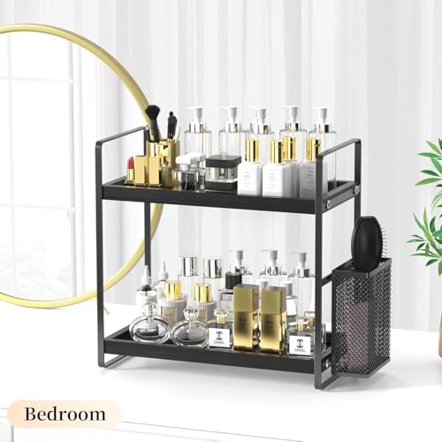 LEMIKKLE Bathroom Organizer Countertop, Counter Organizer for Bathroom Decor, Wooden Sink Shelf for Vanity Storage, Makeup Tray for Perfume Skincare Bedroom Kitchen Corner (Black) - Image 5