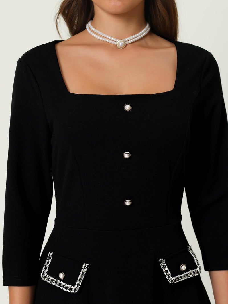 Hobemty Women's 2024 A-Line Dress Work Square Neck Tweed 3/4 Sleeve Dresses X-Large Black - Image 4