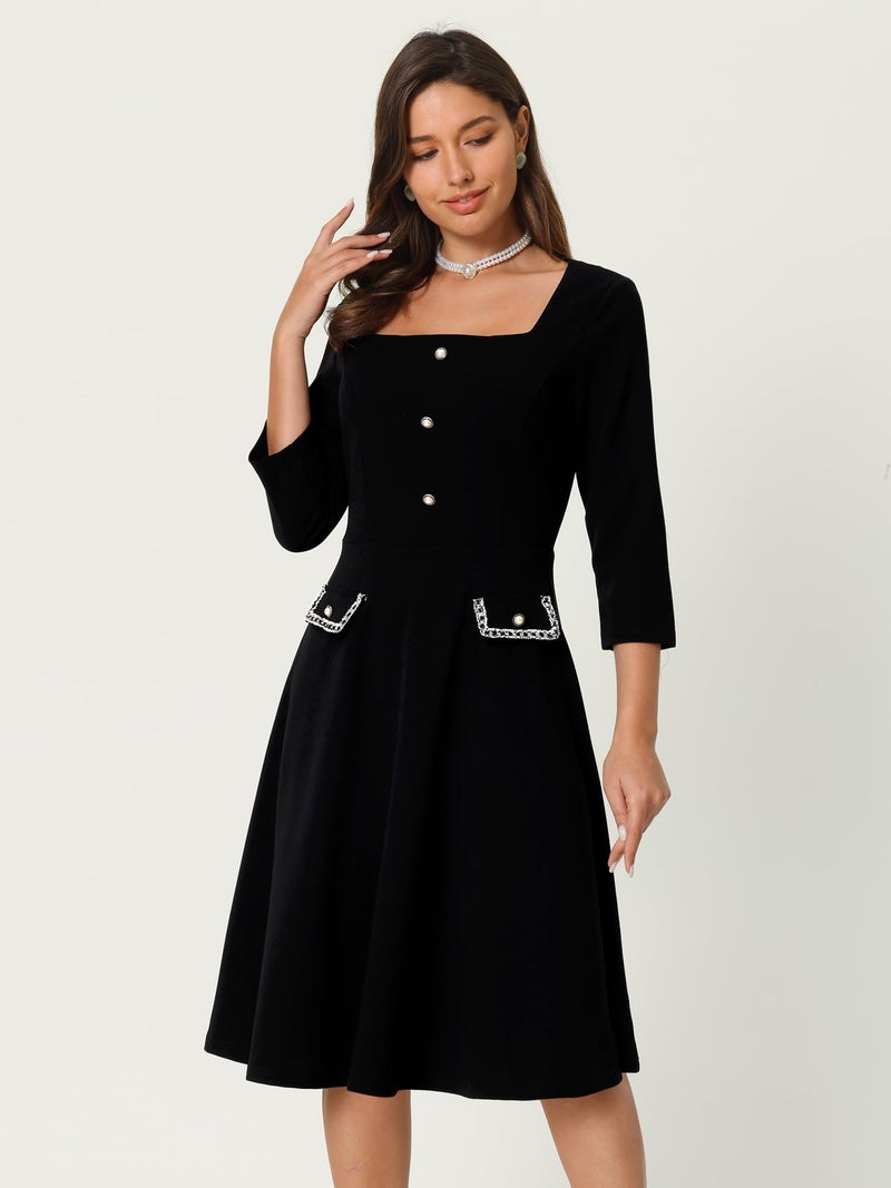 Hobemty Women's 2024 A-Line Dress Work Square Neck Tweed 3/4 Sleeve Dresses X-Large Black - Image 2