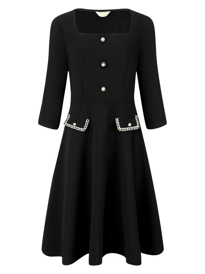 Hobemty Women's 2024 A-Line Dress Work Square Neck Tweed 3/4 Sleeve Dresses X-Large Black - Image 1
