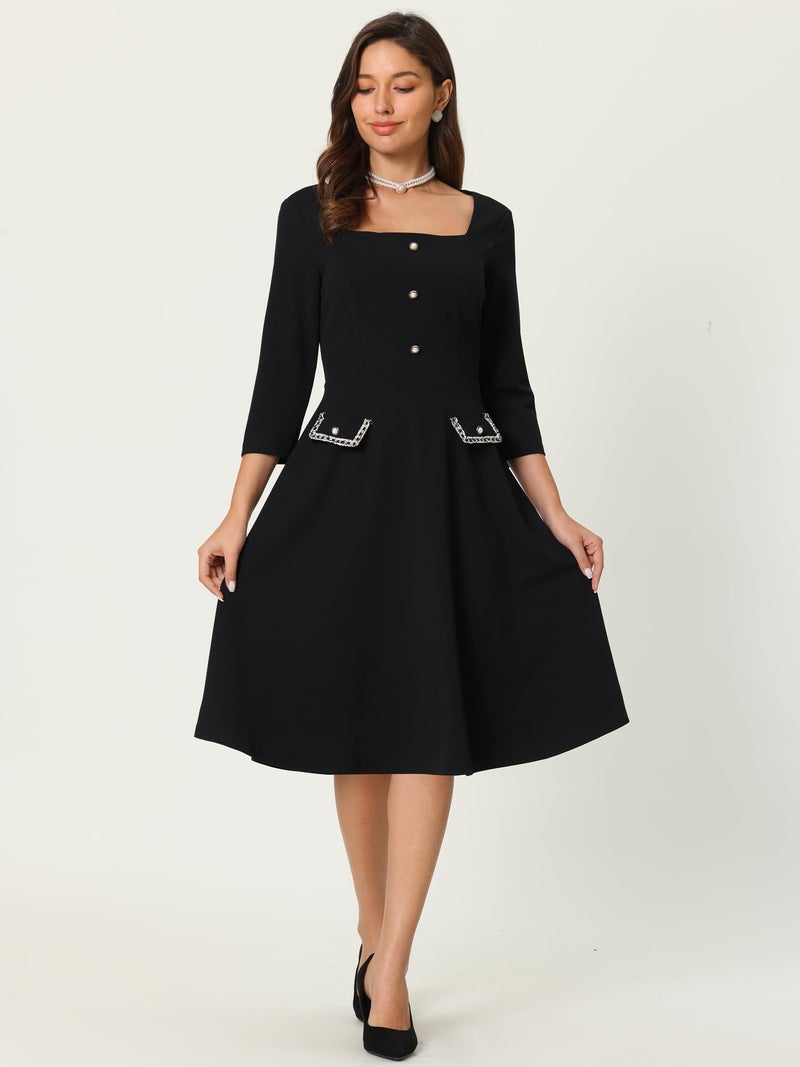 Hobemty Women's 2024 A-Line Dress Work Square Neck Tweed 3/4 Sleeve Dresses X-Large Black - Image 3