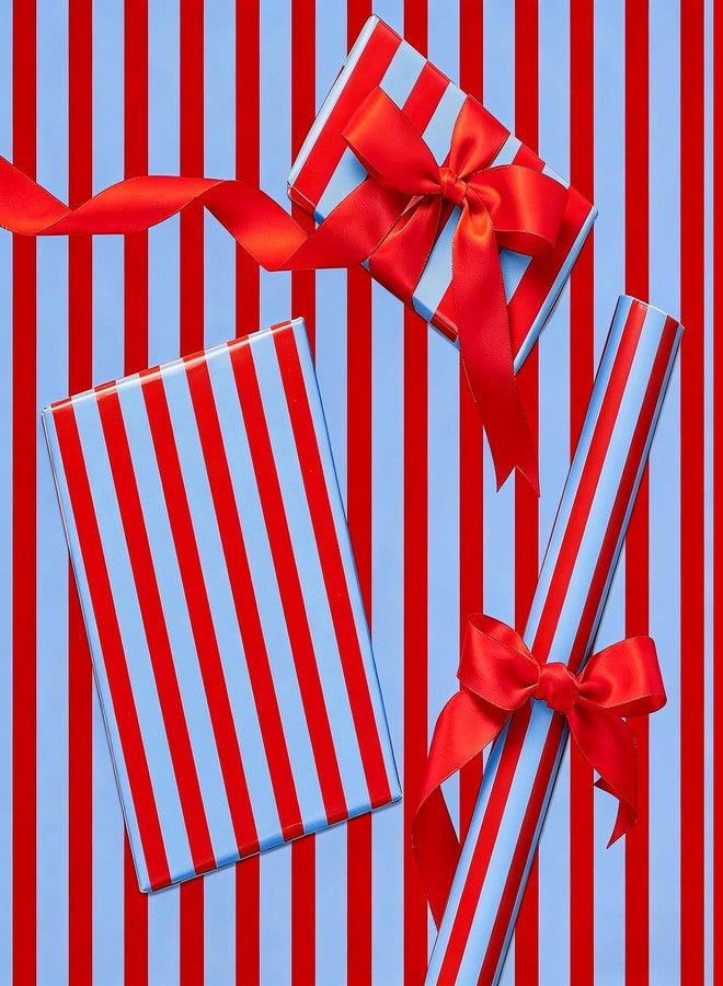 Whaline 6 Sheets Red Blue Striped Wrapping Paper -Not Roll- Gift Wrap Paper Folded Flat for Baby Shower Birthday Party DIY Crafts, 27.6 x 39.4 Inch - Image 1