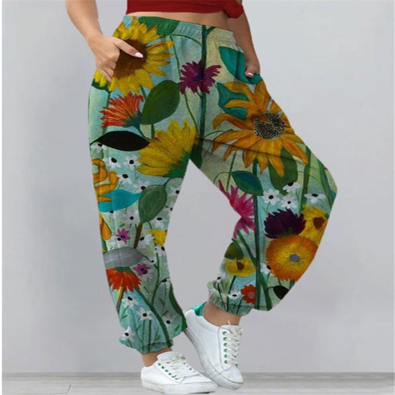 2023 Amazon Cross-border Explosions European and American Womens Casual Sports Joker Printed Sweater Womens Pants Ankle Pants Sunflower 
