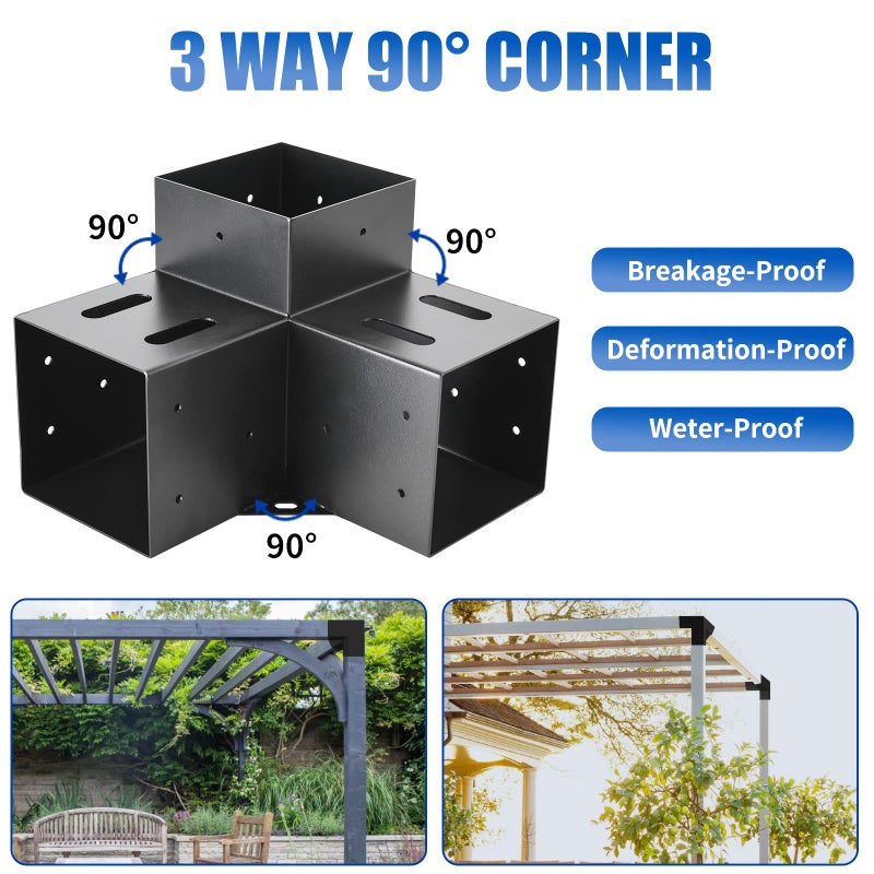 AXWHYS 4x4 Pergola Brackets(Actual:3.6"x3.6") 3 Way Right Angle Corner Bracket, DIY Pergola Kit with Black Powder Coated Support Gazebos, Patio Pergolas Log Cabin Outdoor Pergola - Image 4