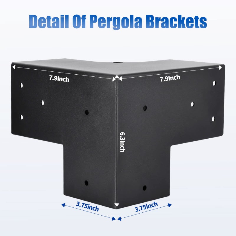 AXWHYS 4x4 Pergola Brackets(Actual:3.6"x3.6") 3 Way Right Angle Corner Bracket, DIY Pergola Kit with Black Powder Coated Support Gazebos, Patio Pergolas Log Cabin Outdoor Pergola - Image 2