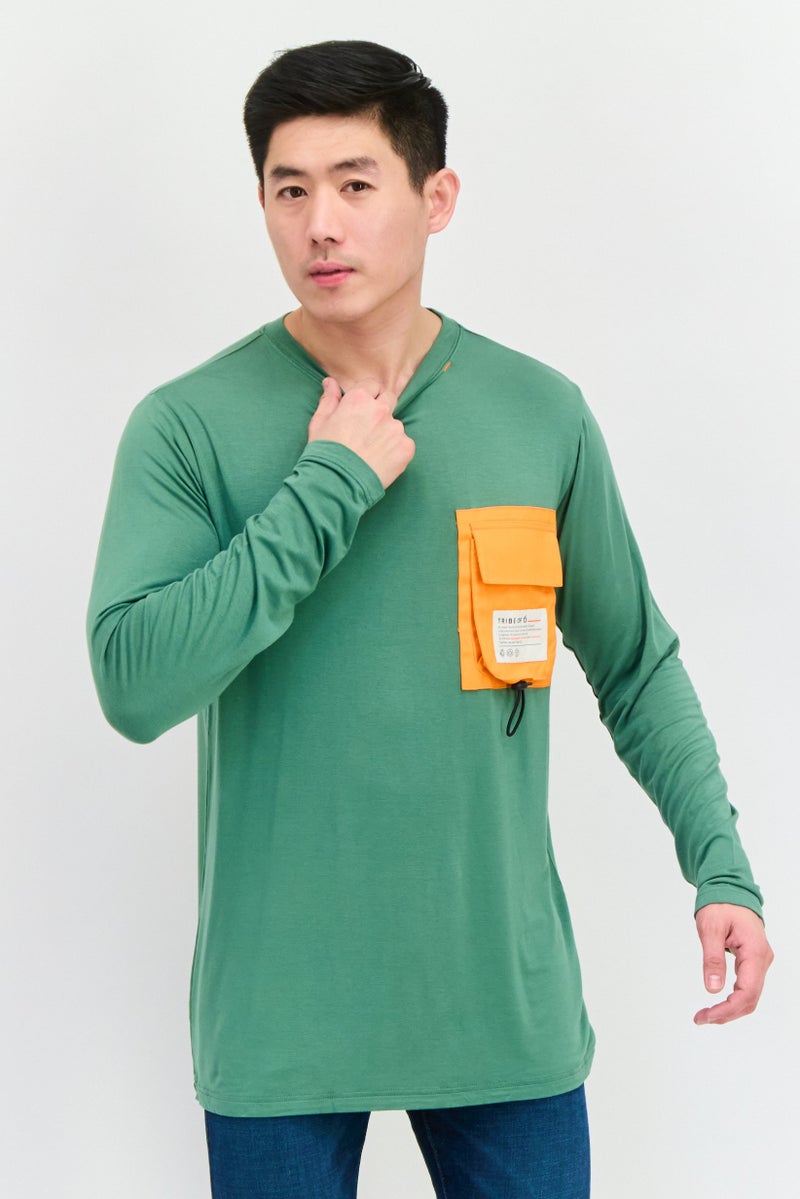 TRIBE OF 6 Men Crew Neck Long Sleeve Brand Logo T-Shirt, Green - Image 1