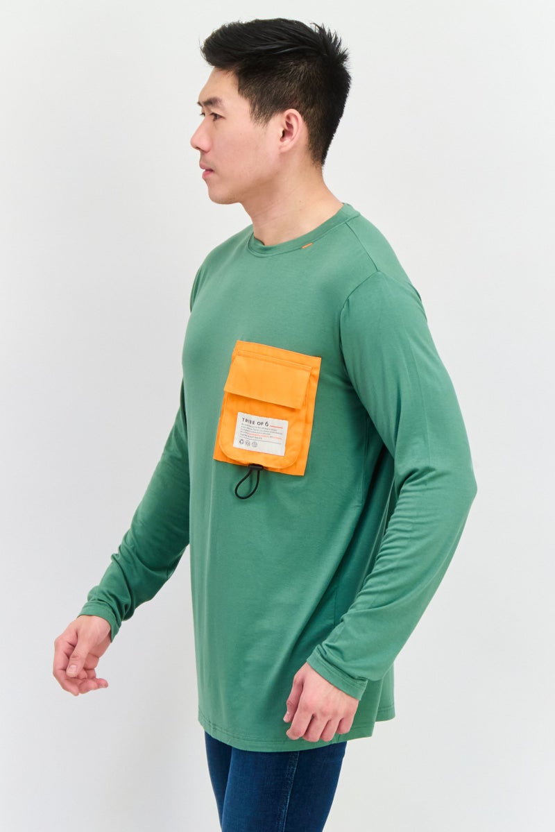 TRIBE OF 6 Men Crew Neck Long Sleeve Brand Logo T-Shirt, Green - Image 3