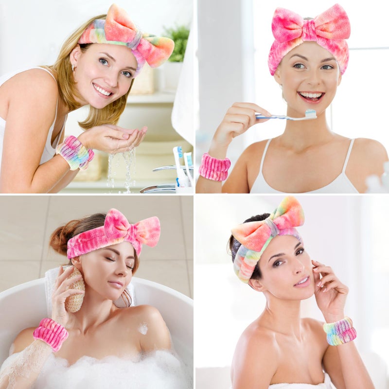 Wteehn 6PCS Spa Headband and Wristband Set for Face Washing, Soft Microfiber Skincare Hairband with Bow, Soft Absorbent Wrist Towels for Women Girls, For Makeup, Facial, Shower, Yoga - Image 5