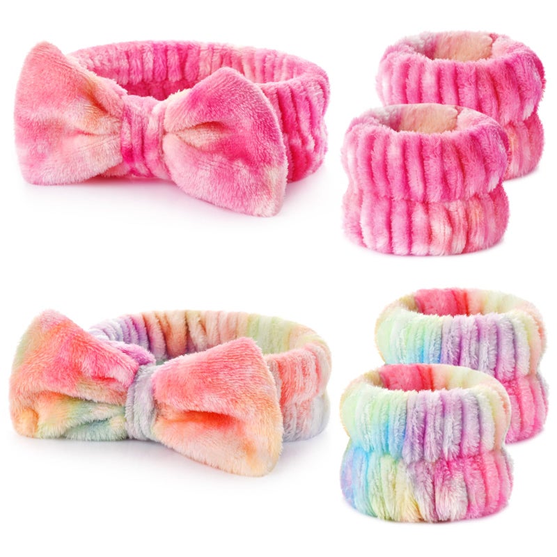 Wteehn 6PCS Spa Headband and Wristband Set for Face Washing, Soft Microfiber Skincare Hairband with Bow, Soft Absorbent Wrist Towels for Women Girls, For Makeup, Facial, Shower, Yoga - Image 1