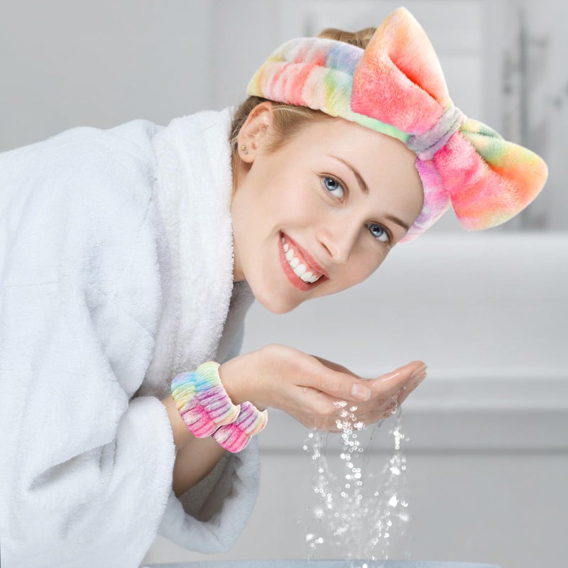 Wteehn 6PCS Spa Headband and Wristband Set for Face Washing, Soft Microfiber Skincare Hairband with Bow, Soft Absorbent Wrist Towels for Women Girls, For Makeup, Facial, Shower, Yoga - Image 2